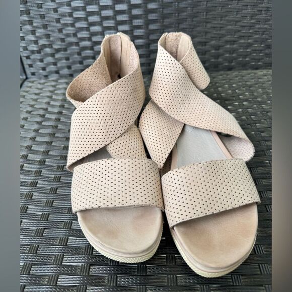 Eileen Fisher Perforated Nubuck Leather Crisscross Platform Sandals 6.5 Blush - Picture 6 of 11